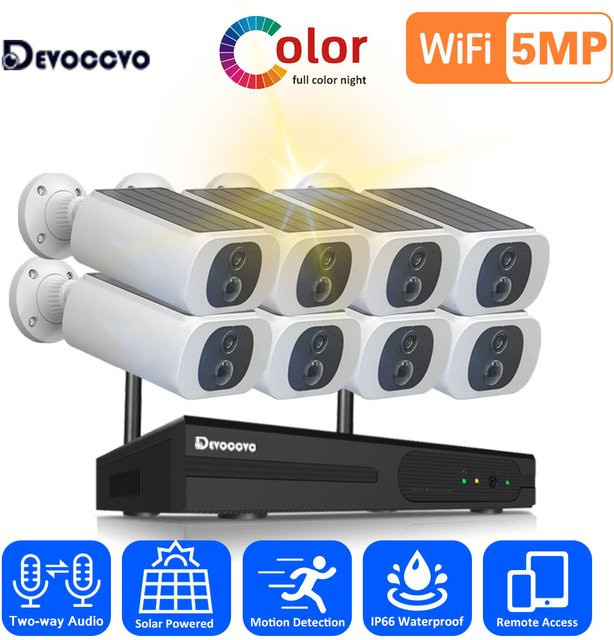 Devoccvo 5MP Solar CCTV Kamera System mit 16CH Drahtloser Überwachung, Wifi NVR Kit und P2P IP Bullet Kameras in Weiß - Bild 1