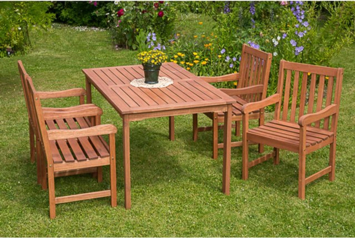 Merxx Tischgruppe Santos 5-tlg. Essgruppe aus Eukalyptus Holz in Braun, mit Tisch B: 150 cm, T: 90 cm und 4 Sesseln - Bild 1