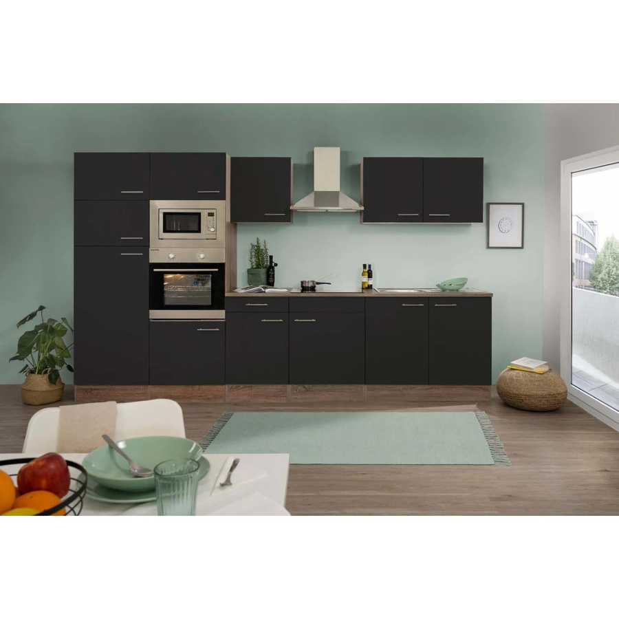 Respekta Küchenzeile York ohne E-Geräte in Schwarz Seidenglanz-Eiche, Breite: 330 cm, Höhe: 205 cm, Tiefe: 55,5 cm - Bild 2
