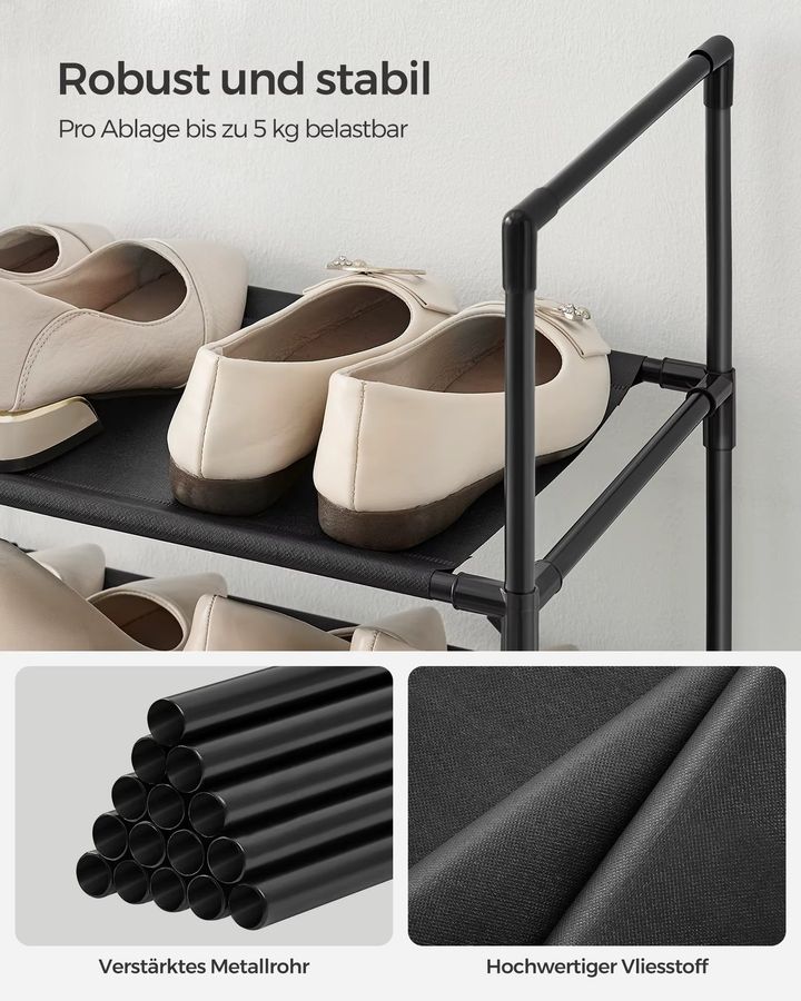 SONGMICS Schuhregal mit 10 Ebenen in Schwarz, schmale Schuhaufbewahrung aus Metall und Vliesstoff, B/T/H: 33 x 33 x 173 cm - Bild 2