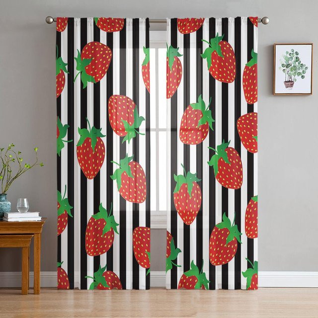 Yiran Furniture Transparente Vorhänge mit Erdbeer-Blumenmuster aus Organza, B: 135 cm, H: 115 cm - Bild 1
