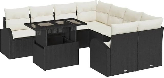 vidaXL Garten-Sofa-Set 9-tlg. aus Poly-Rattan mit Kissen in Schwarz-Creme und pulverbeschichtetem Stahlgestell - Bild 1