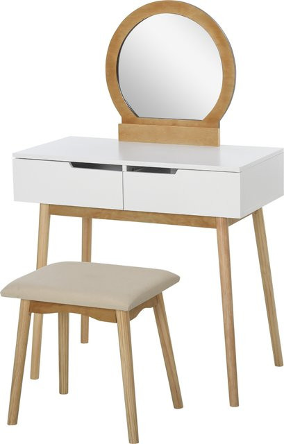 HOMCOM Schminktisch im skandinavischen Design mit Spiegel, 2 Schubladen und Hocker, Weiß Kiefer Hell - Bild 1