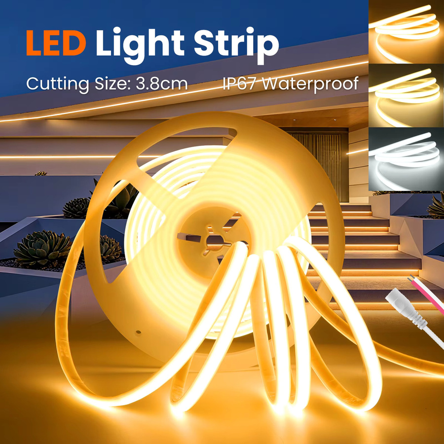 XUNATA COB LED Streifen 12V mit 320 LEDs, flexibles Neon Band Licht IP67 wasserdicht aus Silikon mit selbstklebendem Klebeband - Bild 3