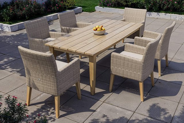 OUTFLEXX Borneo Garten-Essgruppe aus Polyrattan und Akazie in Beige-Meliert mit Tisch und 6 Landhaussesseln - Bild 1