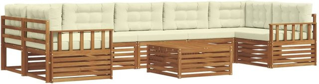 vidaXL Outdoor-Sofagarnitur 8-teilig L-Form aus massivem Akazienholz mit Kissen in Natur und Creme - Bild 1
