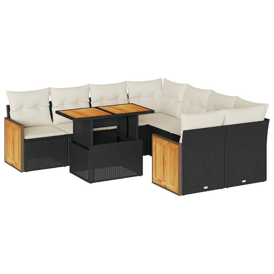 vidaXL 9-teilige Garten-Sofagarnitur aus Poly-Rattan und Akazienholz in Schwarz-Creme mit Kissen - Bild 2