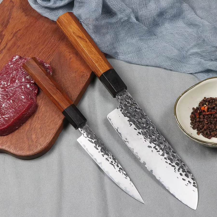 JUMCSONG Kiritsuke-Messer aus handgeschmiedetem Dreischicht-Verbundstahl mit 8Cr17MOV Stahlkern und Holzgriff in Weiß - Bild 2