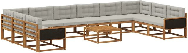 vidaXL Outdoor-Sofagarnitur in U-Form aus massivem Akazienholz mit 11 Kissen, Farbe: Natur und Hellgrau - Bild 1