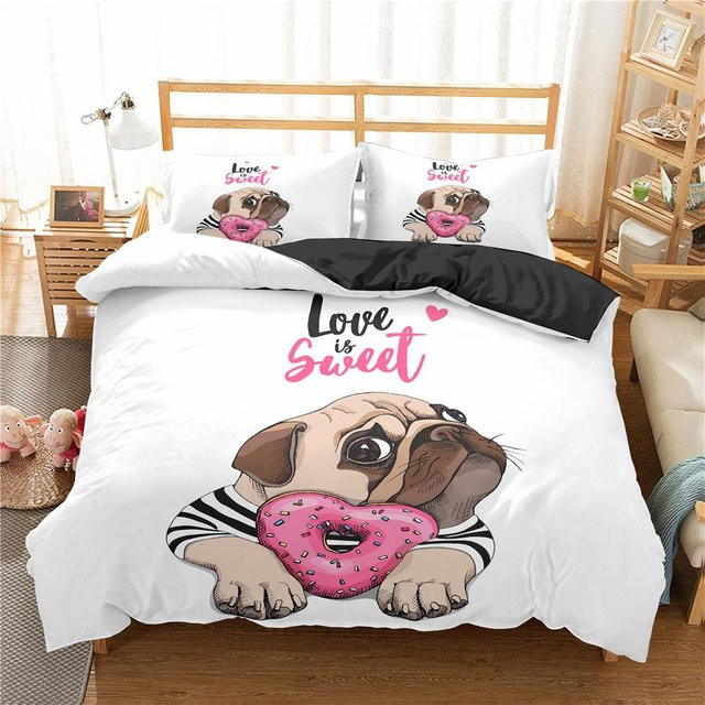 Lodestar Bettwäsche Set Mops 3D Druck mit Bettbezug und Kissenbezügen aus Mikrofaser in Weiß B/H: 135 x 200 cm - Bild 1