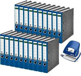 Leitz Set aus 20 Ordnern 1050 mit 52 mm Rückenbreite und Leitz Locher 5008 für 30 Blatt in Blau - Bild 1