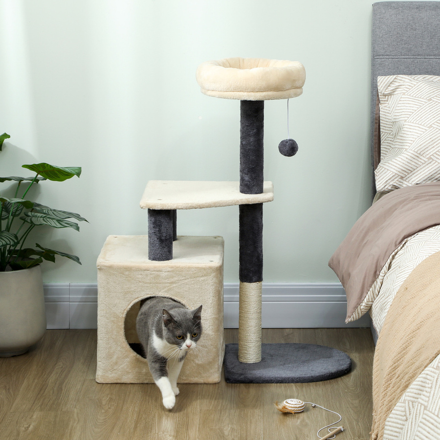 PawHut Kratzbaum für Katzen in Cremeweiß mit Katzenhaus, Körbchen, Sisalstangen und Spielzeug, Höhe: 92 cm - Bild 2
