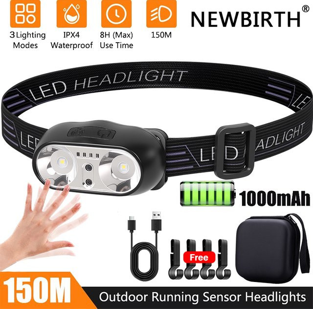 NEWBIRTH USB wiederaufladbare LED-Stirnlampe in Schwarz für Outdoor, Garten und Arbeit - Bild 1