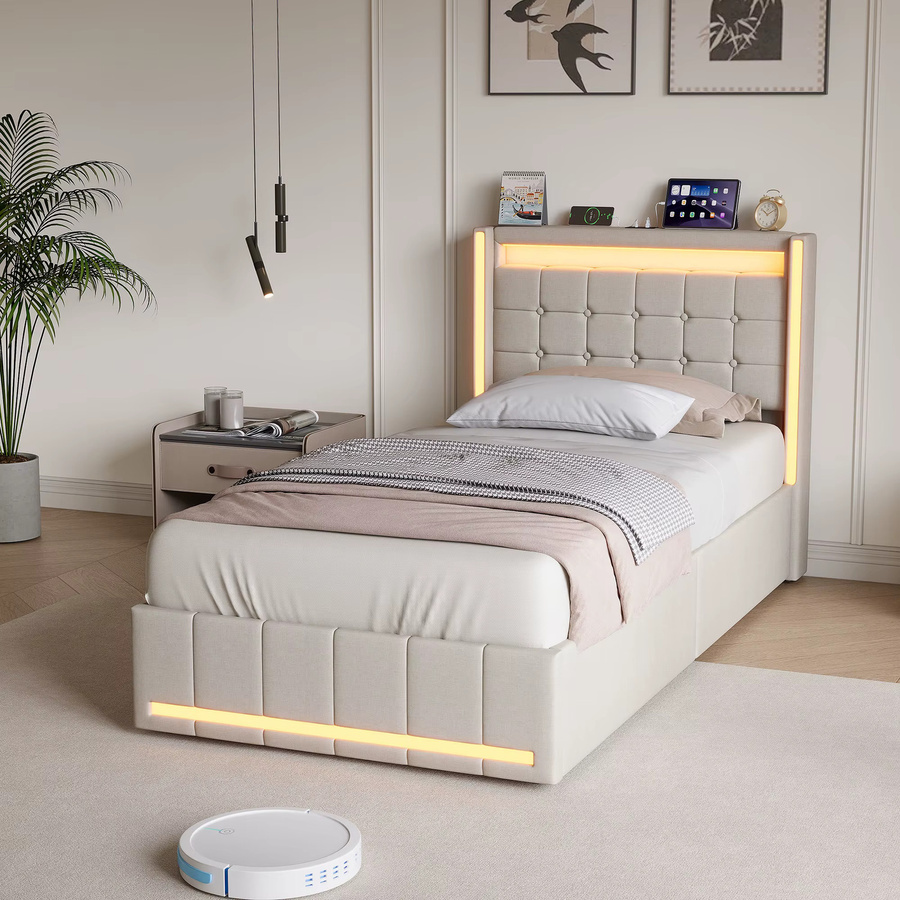 Superaly Polsterbett mit Stauraum und zwei Schubladen in Beige, B/T/H: 90 x 200 cm - Bild 2