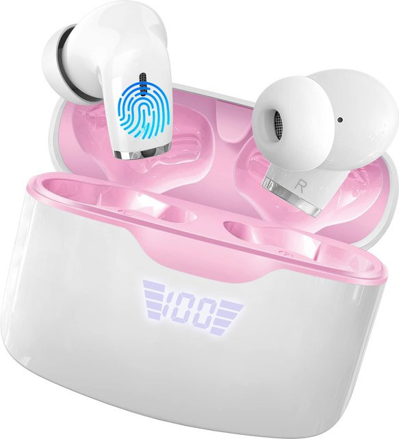 Jxrev Kabellose Bluetooth 5.3 Ohrhörer mit Geräuschunterdrückung und LED-Anzeige in Pink und Weiß - Bild 1