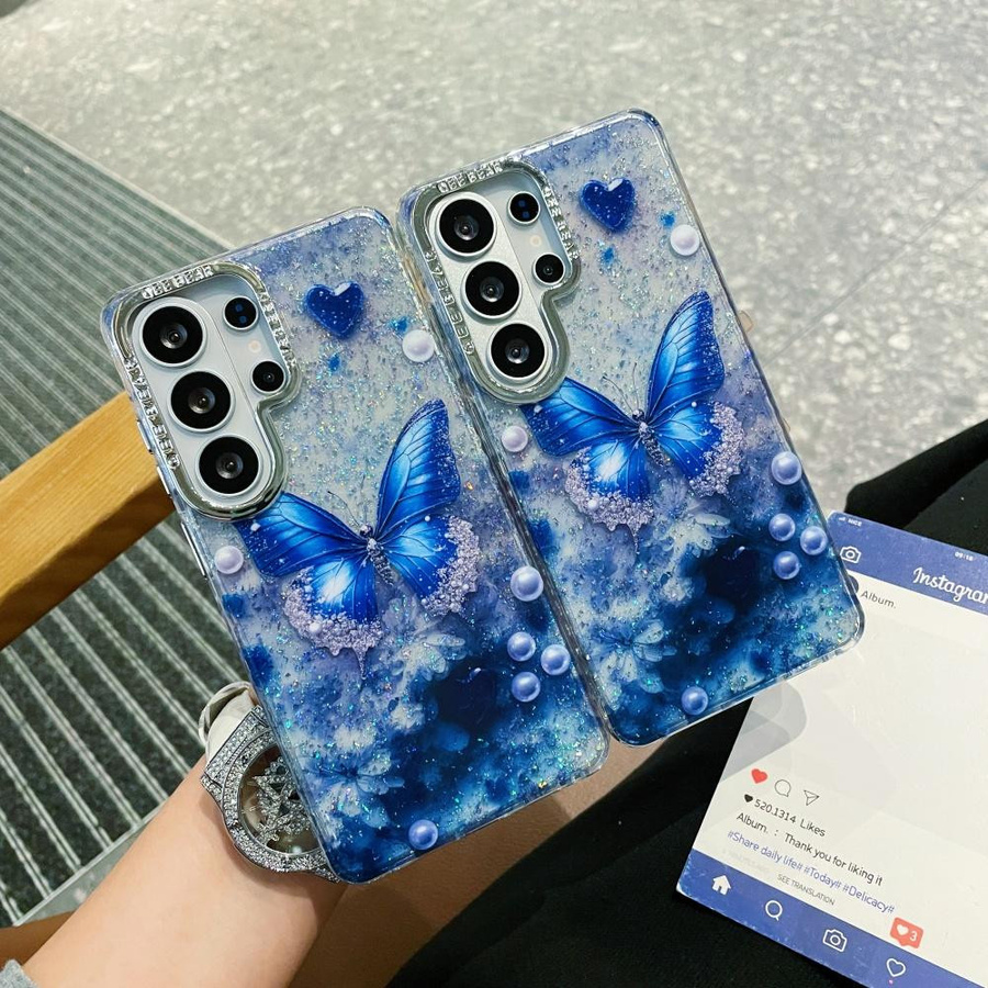 Samsung Handyhülle mit Glitzer Schmetterling und Liebe Design in Blau für Galaxy S26 Ultra S24 Plus S23 Ultra - Bild 2