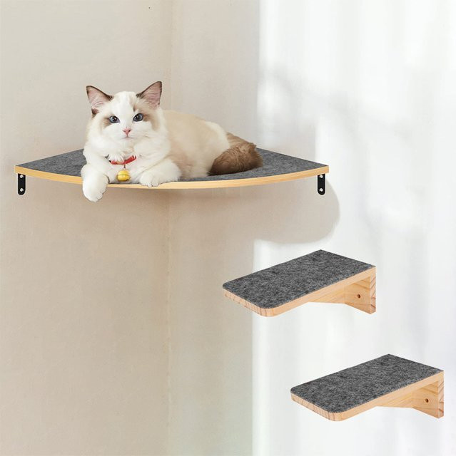 Katzenwandmöbel CWV Eckkletterregal in Grau mit Sitzstangen, Katzenbett und 2 breiten Stufen zur Wandmontage - Bild 1