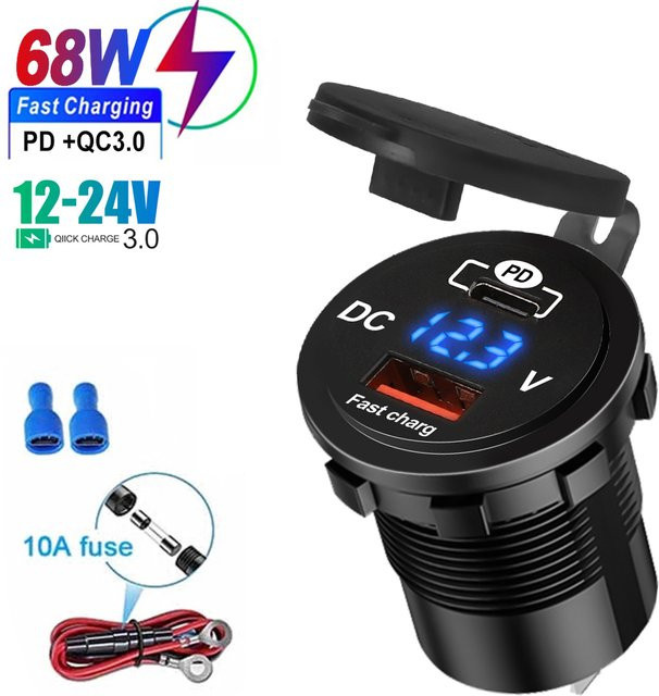 Kebidumei Dual-USB-Autoladegerät 68W 4,2A 12V mit wasserdichtem Panel in Schwarz für Fahrzeuge, Boote, LKWs und Motorräder - Bild 1