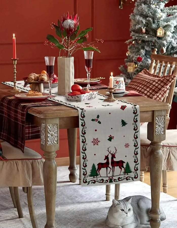 JIT Weihnachts-Tischläufer mit Hirsch-Motiv aus Leinen, Weiß, B/T/H: 150 x 30 x 45 cm - Bild 3