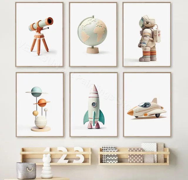 Potdemiel Leinwand Poster mit Astronaut, Rakete und Planeten für Kinderzimmer Dekoration, Mehrfarbig - Bild 1