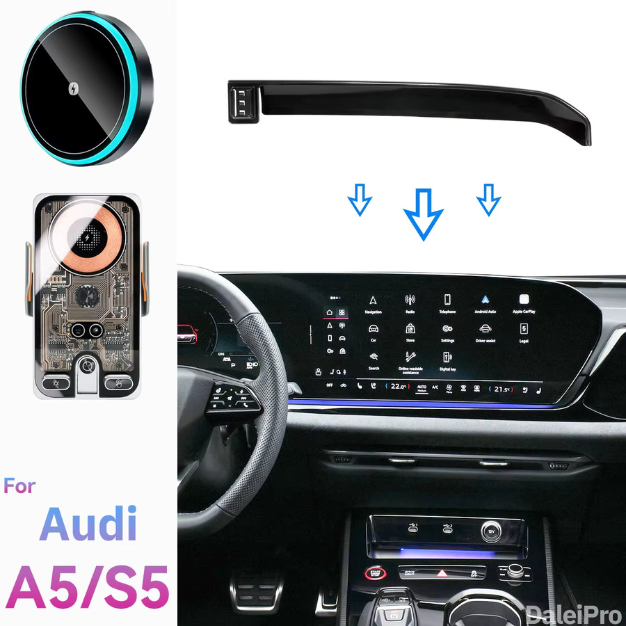 DaleiPro Kabellose Qi Auto-Handyhalterung mit Bildschirm-Fixierclip für Audi A5 S5 RS5, Schwarz - Bild 2