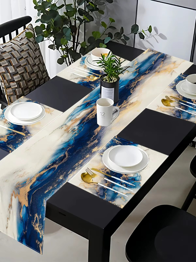 VIKAMA 7-teiliges Luxus-Tischset mit Marmormuster in Blau, Weiß und Gold bestehend aus Tischsets und Tischläufern - Bild 5