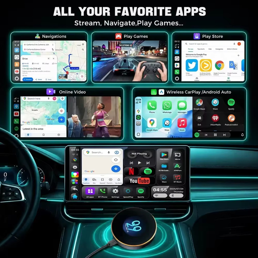 CarRocket Android 17 AI TV Box mit Wireless CarPlay und Android Auto, 8-Kern QCM6350 Prozessor, 128G Speicher, Split Screen Funktion, Schwarz - Bild 2