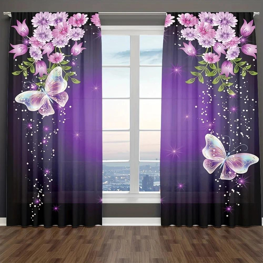 2er-Set Yiran Furniture Vorhänge mit Rose und Schmetterling in Lila, transparentes Polyester, B/H: 60 x 50 cm - Bild 3
