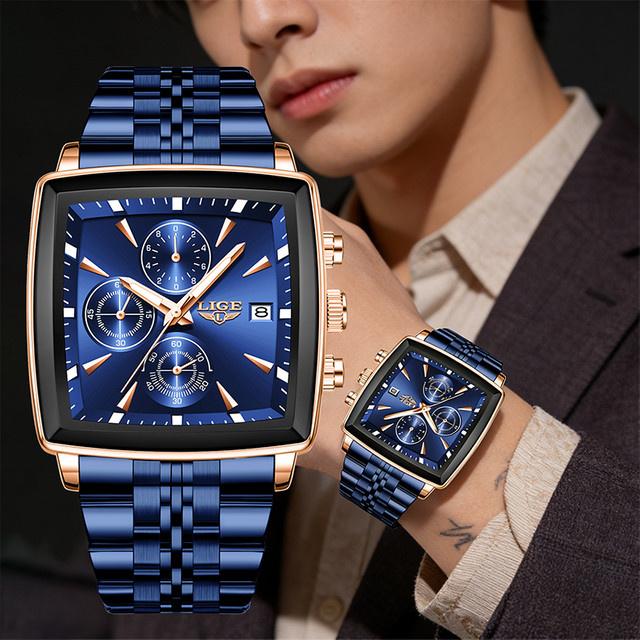 LIGE Armbanduhr, Herren, Quarz, eckig, Edelstahl, Blau, Datum - Bild 1