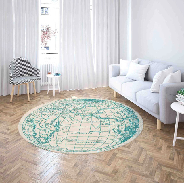 Runder Teppich mit Weltkarte und Tier-Kompass-Motiv in Blau, rutschfest und weich für Kinderzimmer, Wohnzimmer oder Schlafzimmer - Bild 1