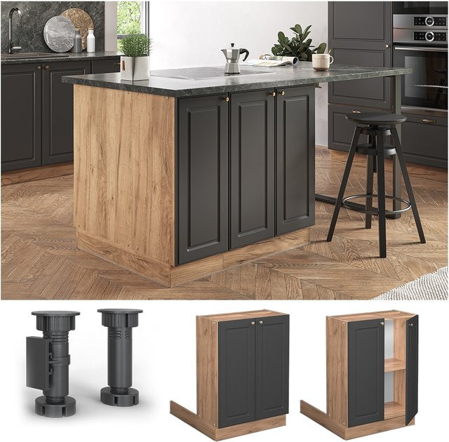 Vicco Küchenunterschrank Fame-Line Landhaus Eiche Anthrazit mit Gold-Akzenten und Softclose-Scharnieren, Breite: 60 cm - Bild 1