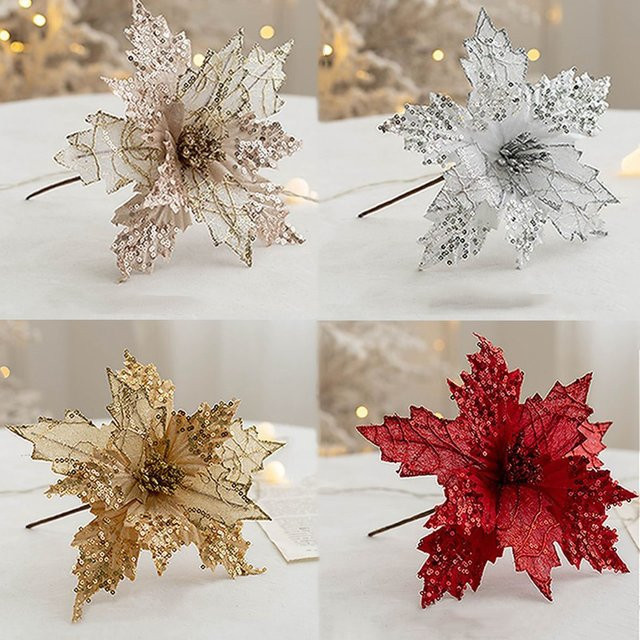 Ataozhekou Künstliche Weihnachtsblume in Gold und Silber für Tischdekoration und Weihnachtsbaum - Bild 1