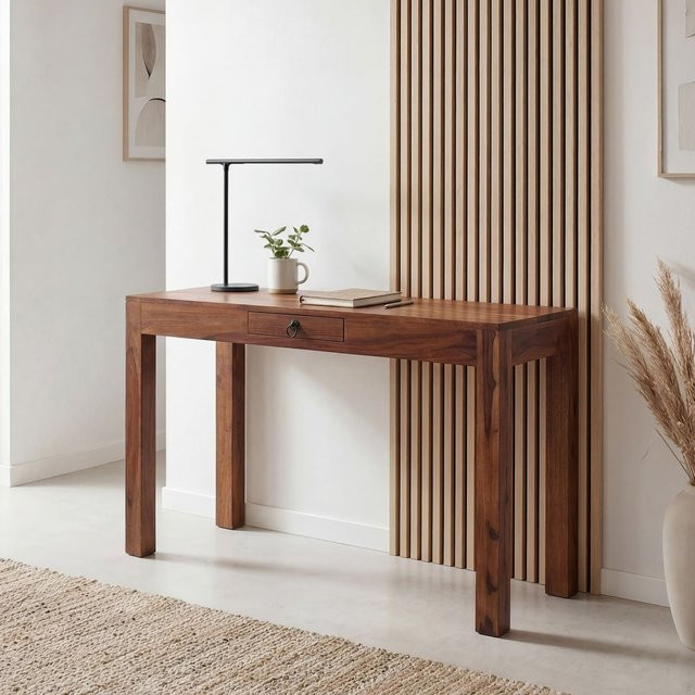 Schreibtisch FineBuy aus Sheesham Massivholz in Braun, B: 118 cm, H: 76 cm, T: 40 cm - Bild 1