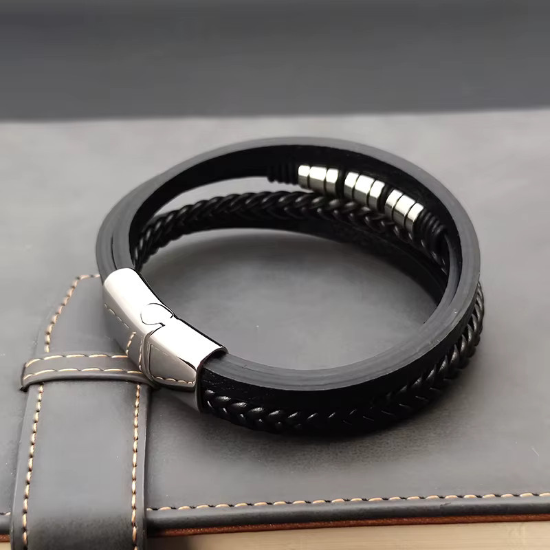 jiangmingao Armband, Leder, Edelstahl, geflochtenes Seil, Perlen, Herren - Bild 3