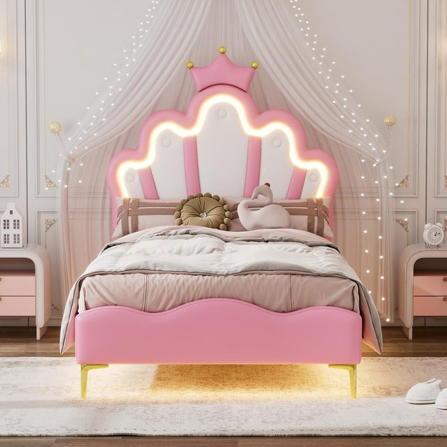 Flieks Prinzessinnenbett Polsterbett mit LED-Farbwechsellicht aus PU-Material in Rosa, B/T/H: 203 x 90 x 129 cm - Bild 1