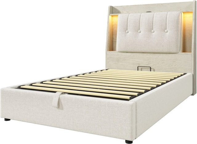 okwish Polsterbett Beige mit Flip-Top Stauraum, USB-Ladeport und Unterbettbeleuchtung, B/T/H: 90 x 200 x 90,5 cm - Bild 1