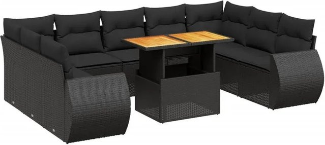 vidaXL 10-tlg. Garten-Sofagarnitur in L-Form aus Polyrattan und Akazienholz mit Kissen, Schwarz - Bild 1