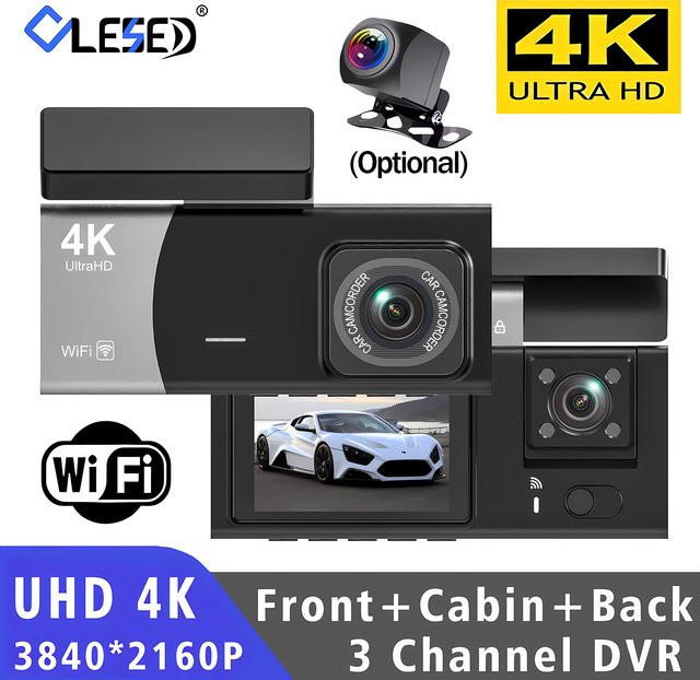 4K 3-Kanal WIFI Dash Cam mit 2160P HD Auflösung und OLESED Display, Drei-Wege Fahrzeug-Videorekorder in Schwarz - Bild 1