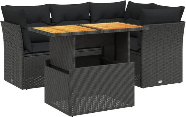 vidaXL 5-teilige Garten-Sofagarnitur in L-Form aus schwarzem Poly-Rattan mit Kissen und Tisch - Bild 1