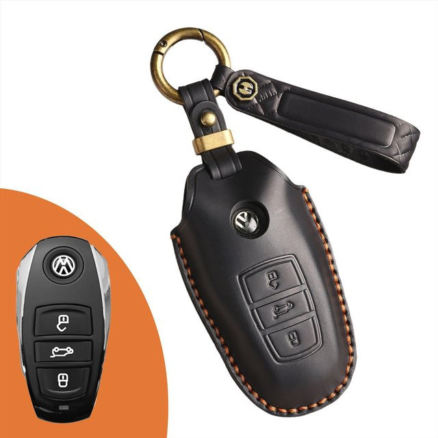 Retro Schlüsselhülle aus handgenähtem Leder für Volkswagen Touareg, Schlüsseltasche mit Kette, Schwarz - Bild 1