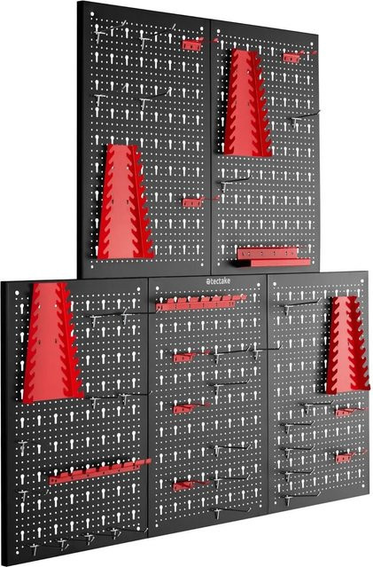 tectake Werkzeuglochwand Jonah, 5-teiliges Set aus lackiertem Stahl mit Haken und Halterungen, Schwarz Rot, B/H: 200 x 60 cm - Bild 1