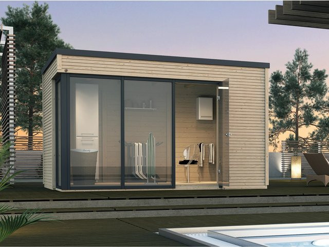 WEKA Gartenhaus 412 aus Holz in Beige mit Flachdach und Blockbohlen, B/H/T: 388 x 249 x 380 cm - Bild 1