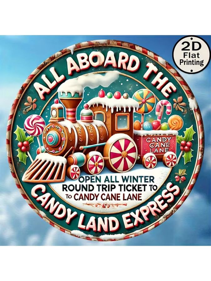 Potdemiel Vintage Metall-Wandblechschild Candy Land Express Winter Joy Journey, rund, multicolor, Durchmesser: 20,32 cm - Bild 6