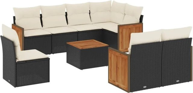 vidaXL 9-teilige Garten-Sofagarnitur in L-Form aus Poly-Rattan und Akazienholz mit Kissen in Schwarz-Creme - Bild 1