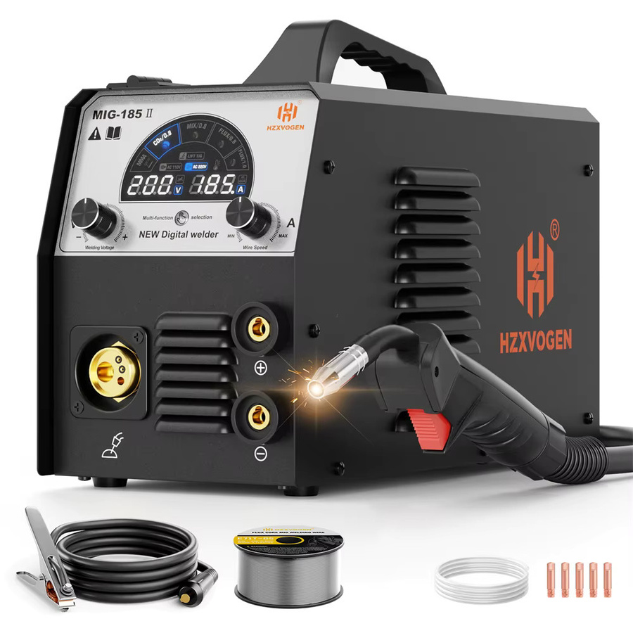 HZXVOGEN MIG185 4-in-1 Schweißgerät in Schwarz: Digitales Multiprocess-Schweißgerät mit MMA, MIG/MAG und Lift-TIG Funktionen, SYN IGBT Inverter und LED-Bildschirm für 0,8/1,0 mm Fülldraht - Bild 4