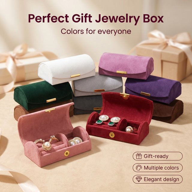 Elegante tragbare Mini-Schmuckbox aus Samt in Braun für Ringe und Ohrringe - Bild 1