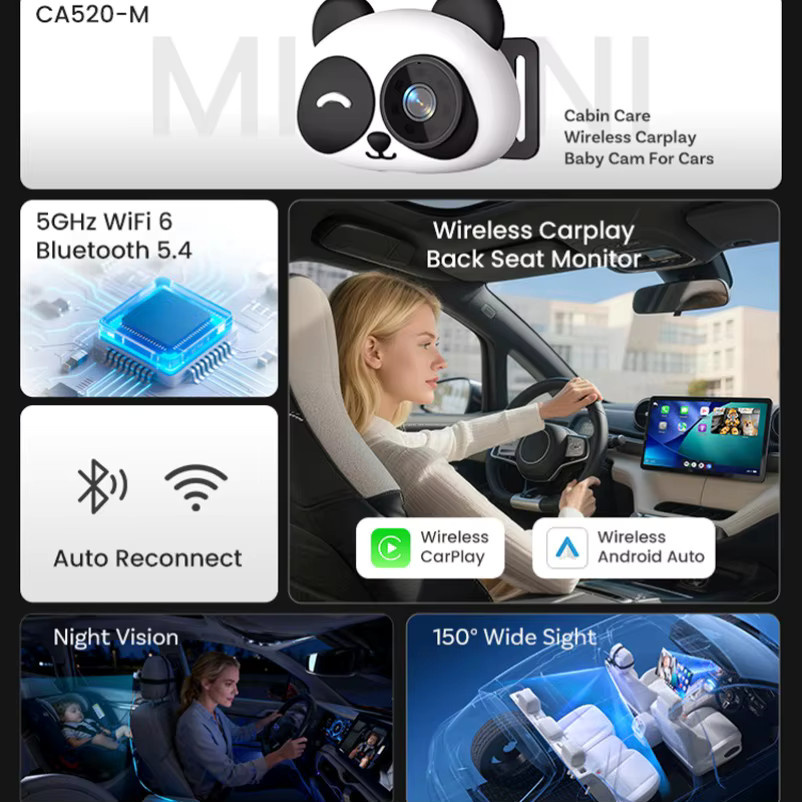 VIKEFON Cabin Care Wireless CarPlay Adapter mit 1080P HD Baby-Autokamera und 150 Grad Weitwinkel-Nachtsicht-Rückfahrmonitor in Weiß - Bild 5