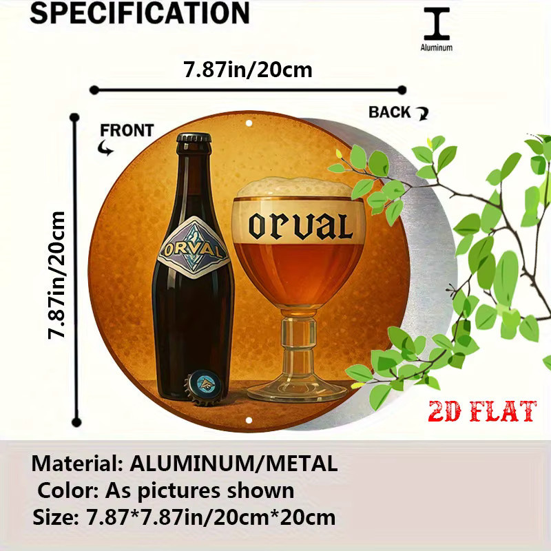 Orval Vintage-Stil Aluminium-Metall-Blechschild rund mit Bierflasche und Glas als Wandkunst, Durchmesser: 20 cm - Bild 2