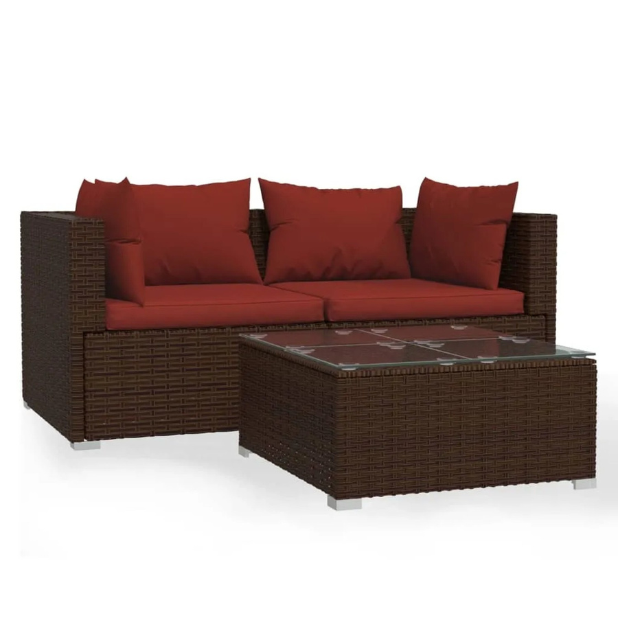 vidaXL 3-tlg Garten-Lounge-Set in L-Form aus Poly Rattan mit Kissen und Couchtisch, Braun/Rot - Bild 2