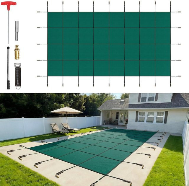 Buying Solutions MB Pool-Sicherheitsabdeckung für rechteckige Einbaupools in Grün, Netz-Vollabdeckung mit Abflusslöchern zur Wintersicherung - Bild 1